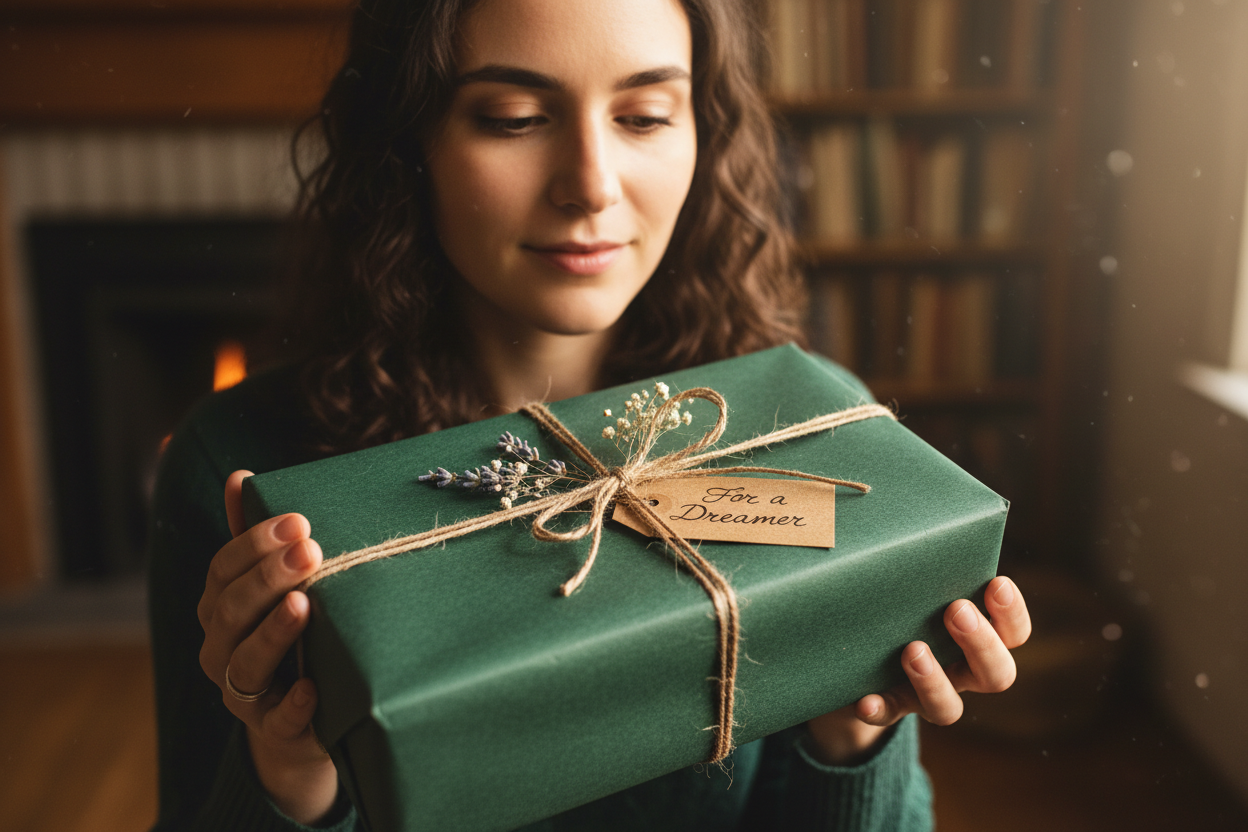 A dreamer receiving a gift wrapped in green craft paper