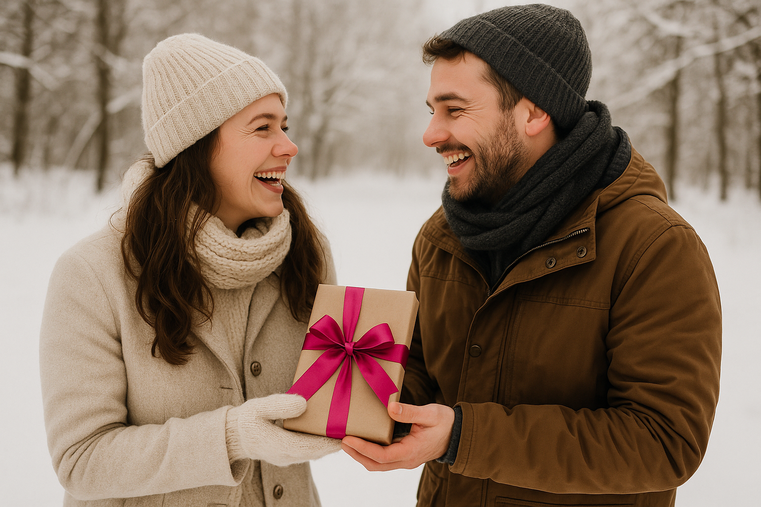 couple standing outside in the snow. She is giving him a book as a present and it has a magenta pink bow on it. They are looking at each other and laughing. It looks bright and clean and fresh and natural