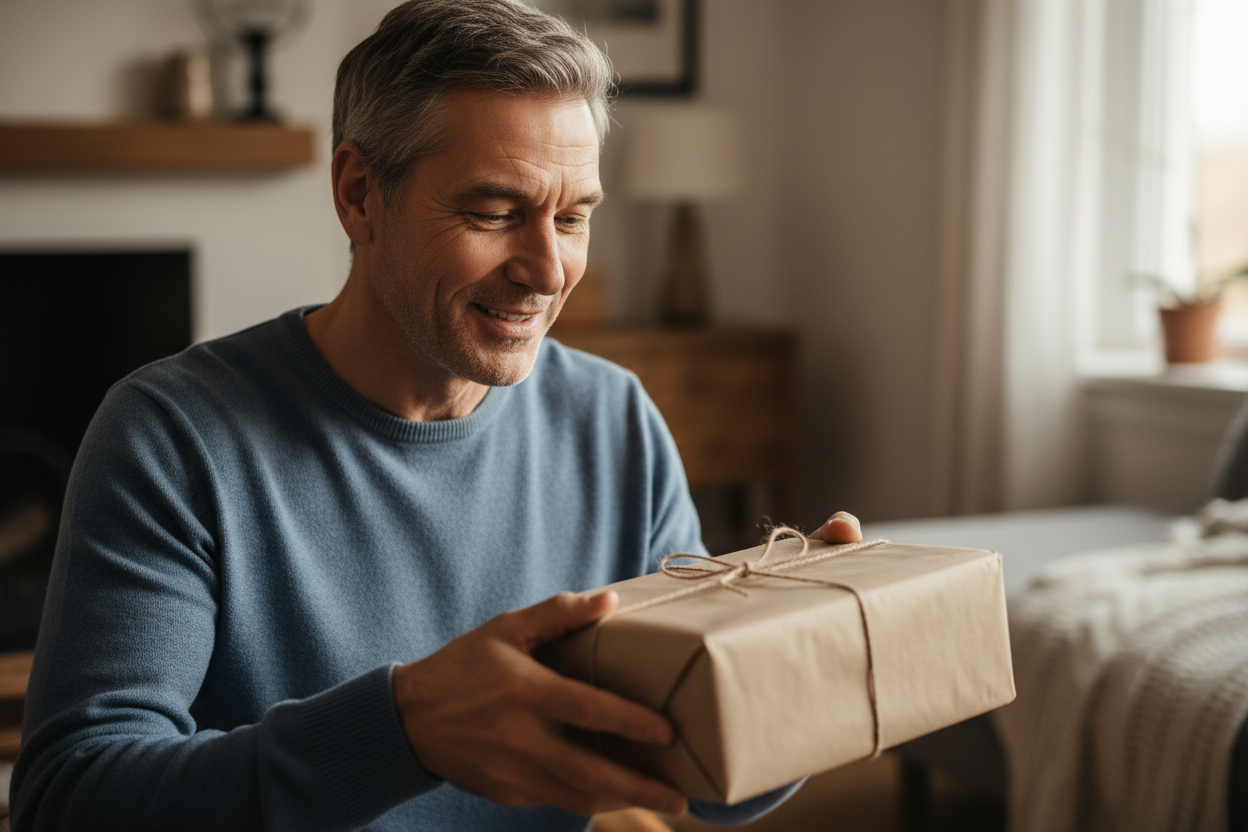 middle aged man not looking at us receiving a gift in natural paper for the storytellers