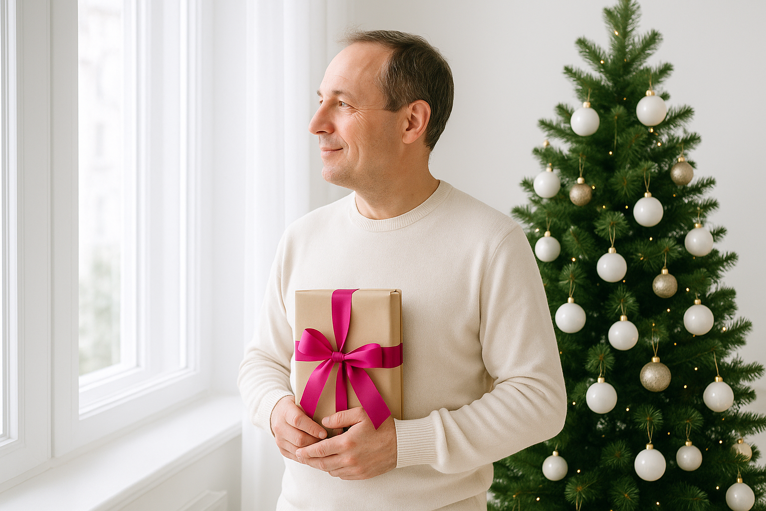 middle aged man with a book wrapped up with a magenta pink ribbon - he is standing in a bright white room looking out of the window. It is all bright and fresh and there is a christmas tree in the room 