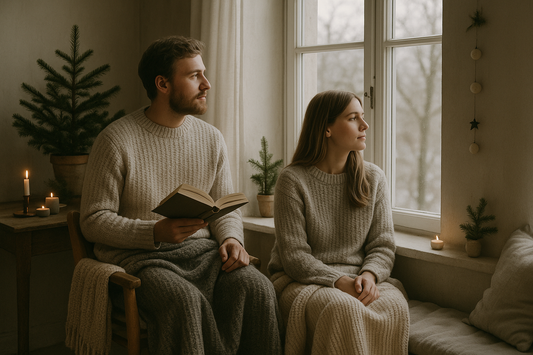 scandinavian dreaming couple with a book in the hand looking outside from seats by the window. Low key Christmas interior