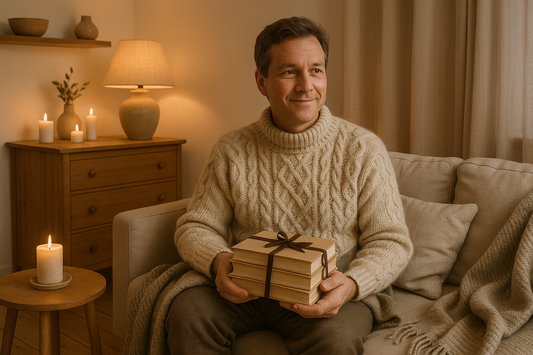 scandinavian inside vibe, a storyteller with a buddle of books wrapped in a ribbon. Wearing a chunky arran jumper no hat as inside