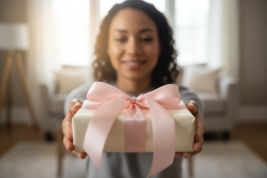 thoughtful person giving a gift in a pale pink ribbon