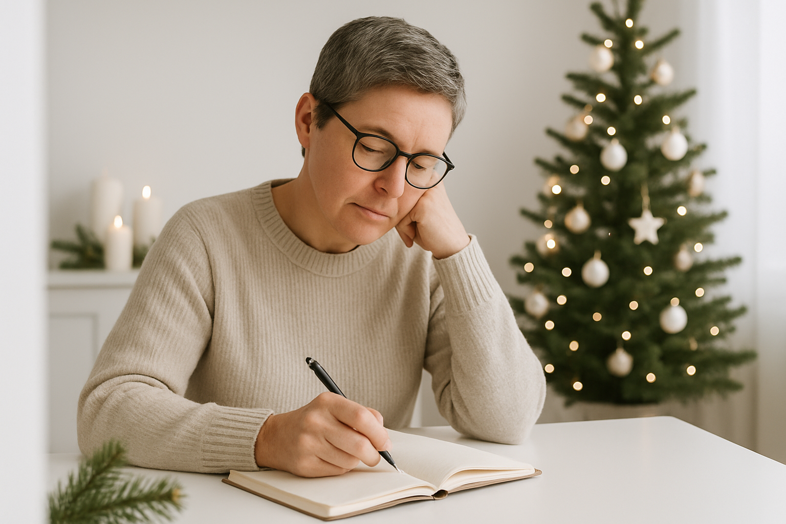 thoughtful person sitting at a desk writing in a journal. It's christmas and they are inside. It's a bright white paired back Christmas look. They are middle aged