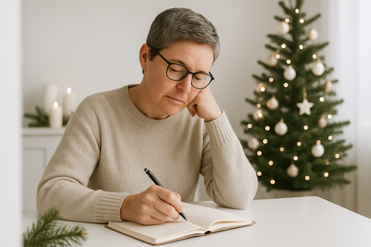 thoughtful person sitting at a desk writing in a journal. It's christmas and they are inside. It's a bright white paired back Christmas look. They are middle aged
