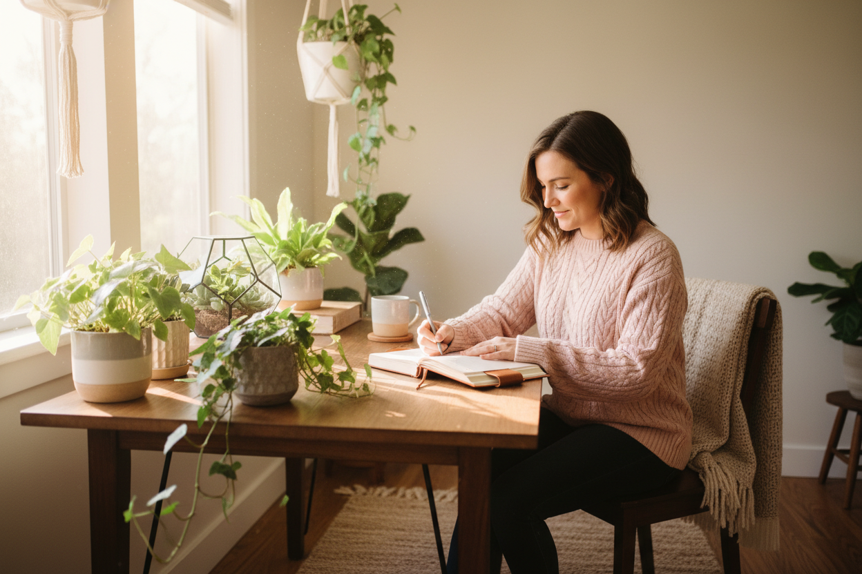 woman writing in a journal at a desk surrounded by pot plants. She has a small smile and is wearing a pale pink jumper. There is daylight streaming through the window. 